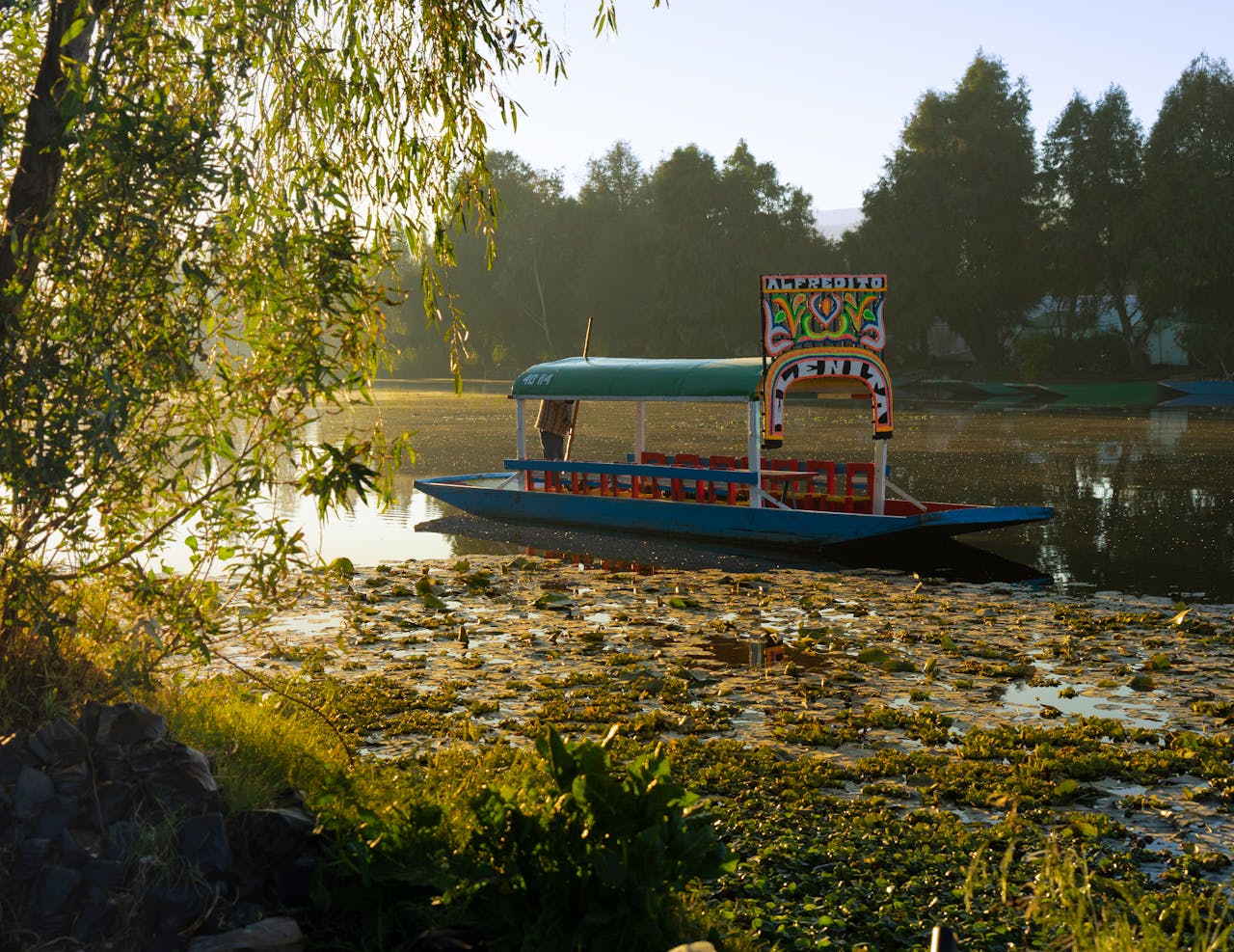 our-story-01 A vibrant trajinera floats on the tranquil Xochimilco canals in Mexico City, surrounded by lush greenery.